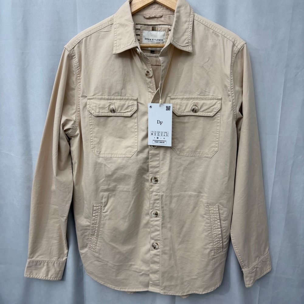 Denim & Flower Ricky Singh Mens Beige Utility Button Down Shirt Size M NWT